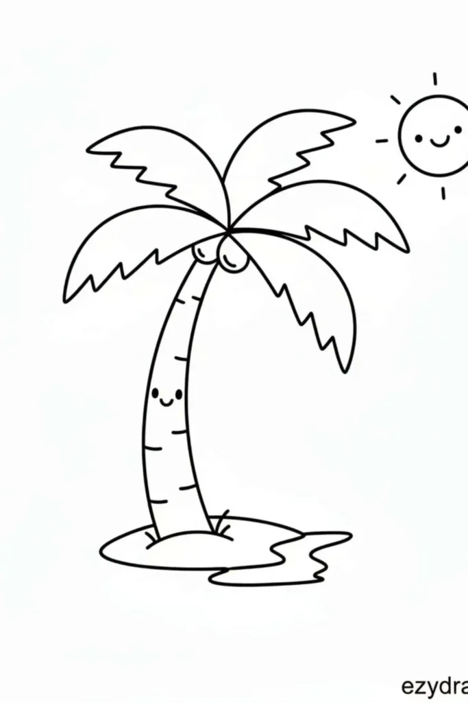 Cute palm tree with a smiling trunk, curved leaves, coconuts, and a happy sun shining above in a simple beach style drawing