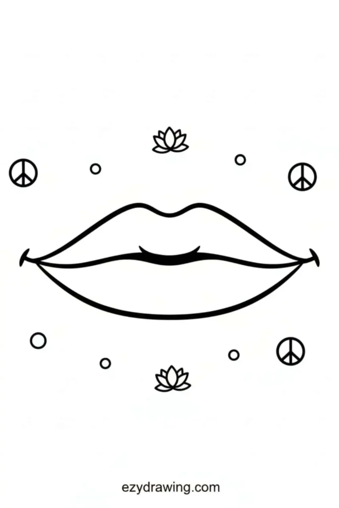 Calm smiling lips drawing surrounded by peace signs and lotus symbols