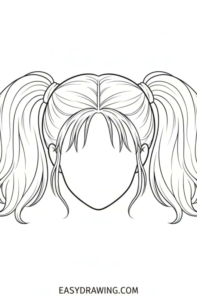 Cute pigtails hair drawing with wavy strands, center part, and soft bangs in an easy beginner friendly outline