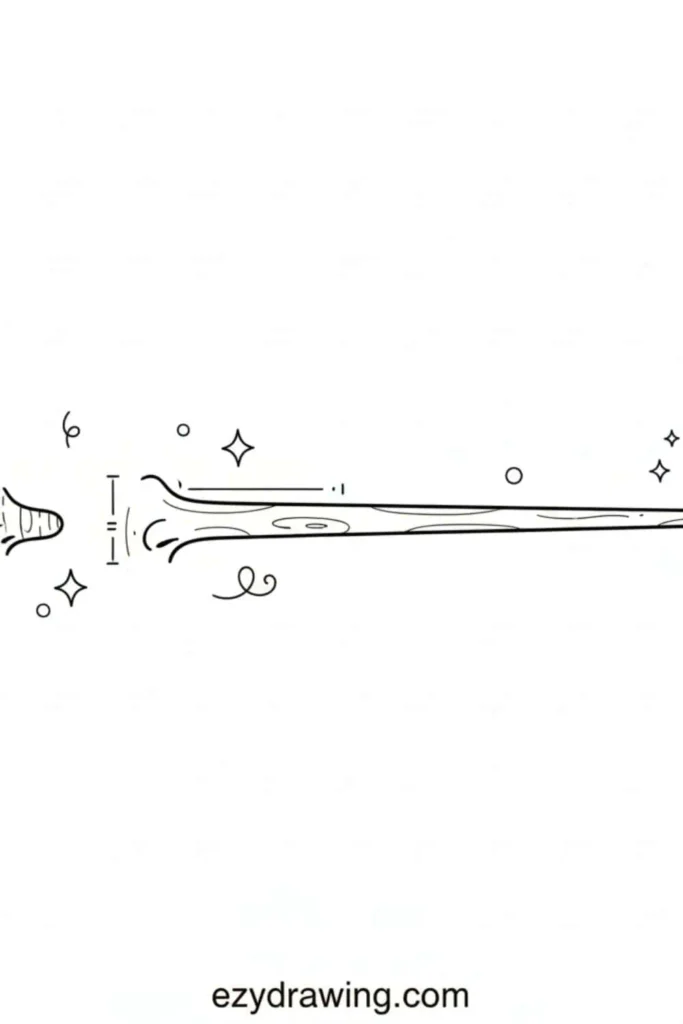 Pinocchio nose drawing with a tiny face on the left and an extra long wooden nose stretching across the image with sparkles around it