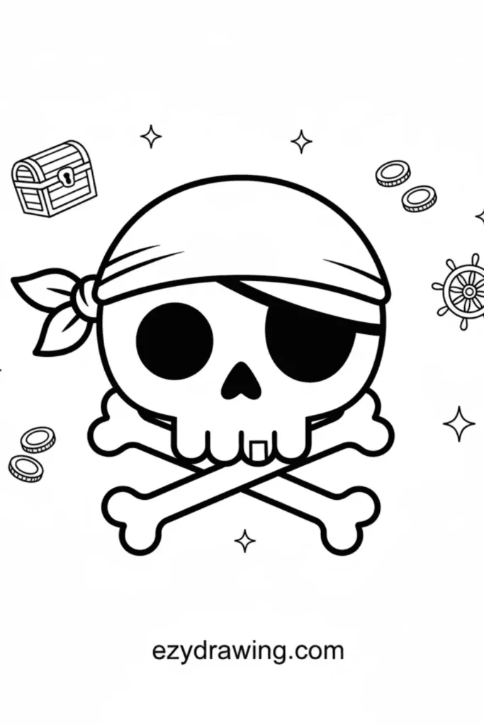 Cute pirate skull with bandana, eyepatch, crossed bones, treasure coins, chest, and nautical icons in a simple bold outline style