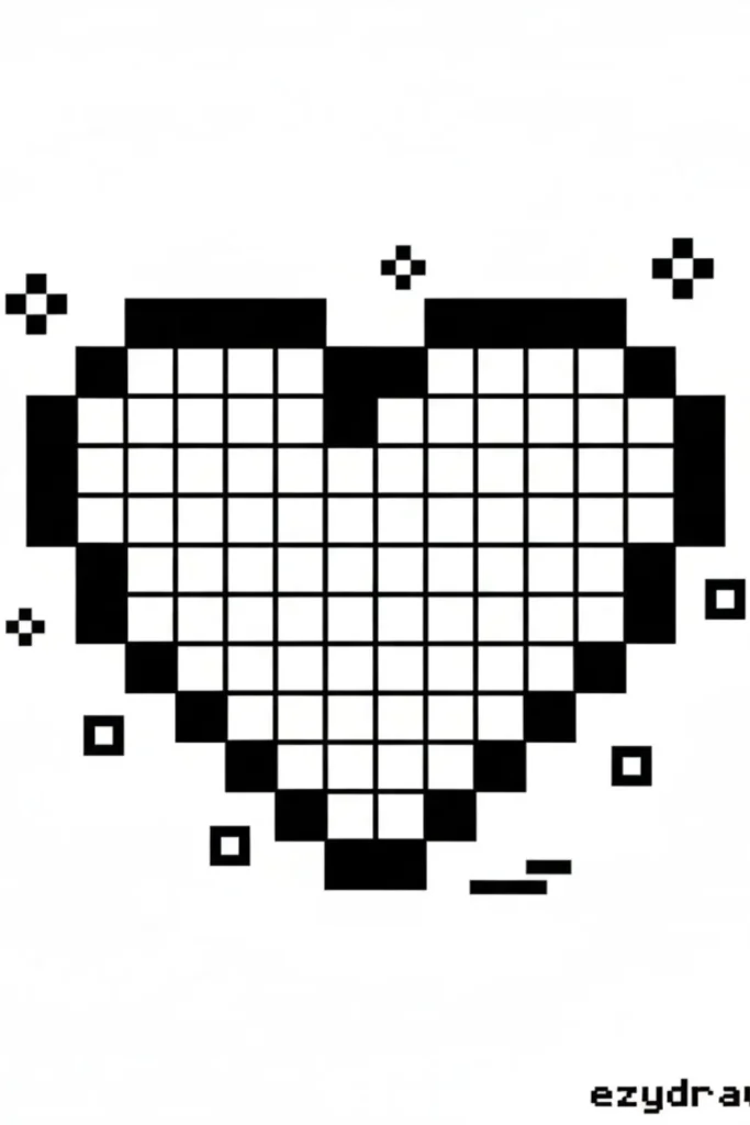 Pixel heart drawing made of small squares, retro video game style heart sketch for kids and beginners tutorials and pixel art crafts