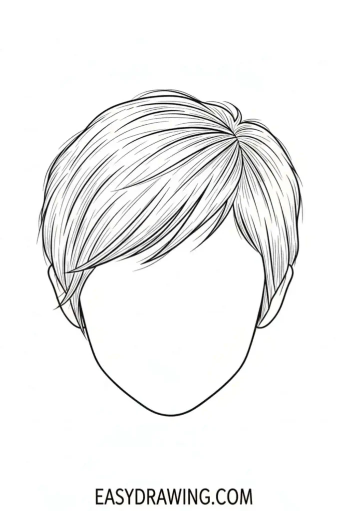 Pixie cut hair drawing with short layered strands and side swept texture in a simple beginner friendly outline style