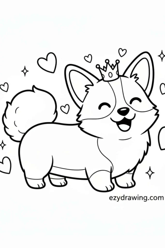 Cute cartoon Corgi with short legs wearing a crown, surrounded by hearts and stars, smiling happily with a fluffy tail.