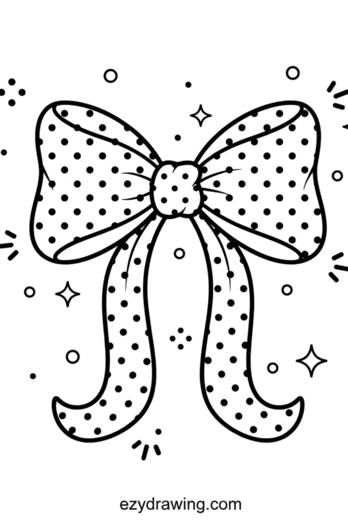 Polka dot bow with long ribbon tails, sparkles, and dots around it drawn in a simple outline style for kids to color
