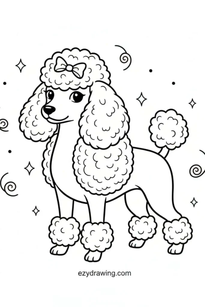 Elegant Poodle drawing with fluffy pom-poms, curly fur, and a bow on its head, surrounded by sparkles and swirls.