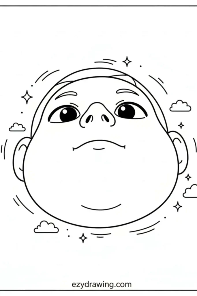 Cute portrait drawing of a child looking upward with round cheeks, wide eyes, small clouds and sparkles around, plus ezydrawing dot com.