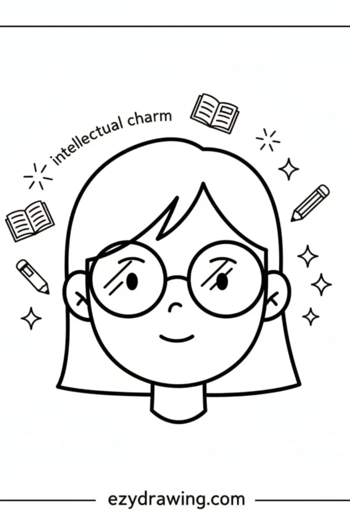 Cute portrait drawing of a girl with glasses, straight hair, and study themed doodles around her, plus the text intellectual charm and ezydrawing.com
