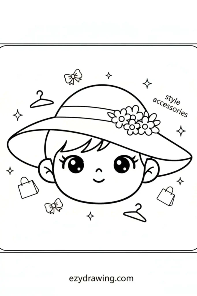 Cute portrait drawing of a child wearing a wide hat decorated with flowers, surrounded by bows, hangers, shopping bags, sparkles, and ezydrawing.com