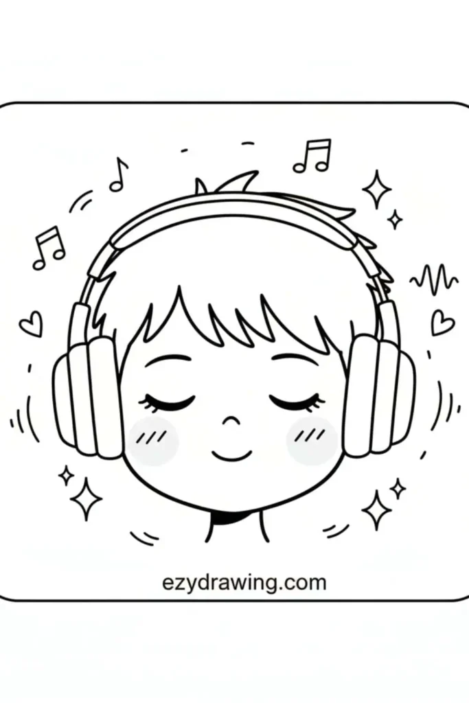 Cute portrait drawing of a child wearing large headphones, eyes closed, with music notes, hearts, and sparkles around, plus ezydrawing dot com