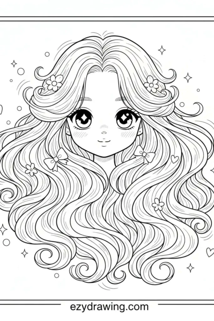 Cute detailed portrait drawing of a girl with long flowing wavy hair decorated with flowers and bows plus sparkles and ezydrawing dot com