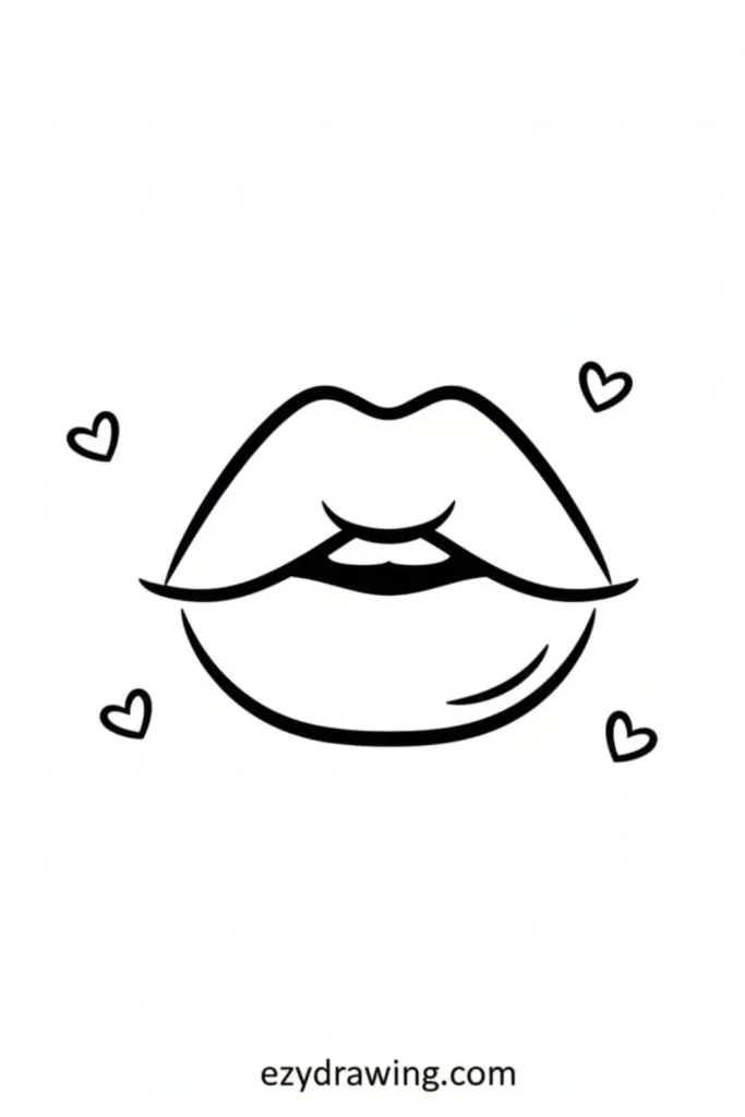 Cute pouty lips drawing with small heart doodles around it for a sweet expression