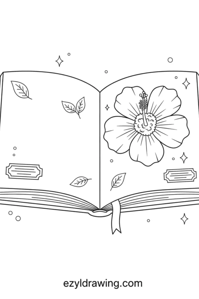 Open book illustration with pressed hibiscus flower, scattered leaves and sparkles, clean black line art for kids coloring!!!