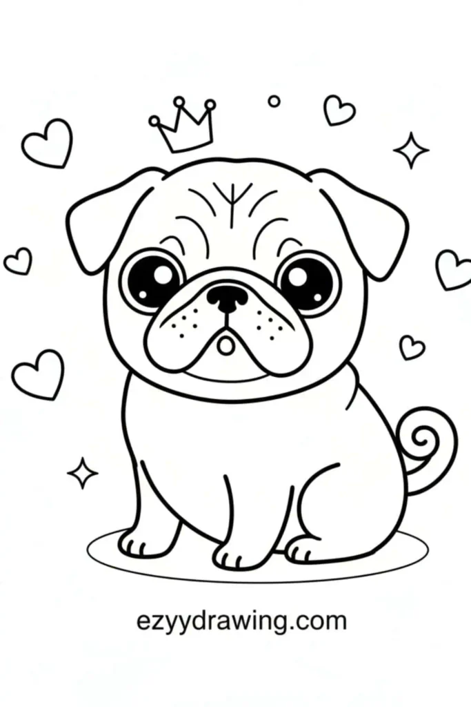 Adorable Pug drawing with big round eyes, wrinkly face, and a tiny crown, surrounded by hearts and sparkles