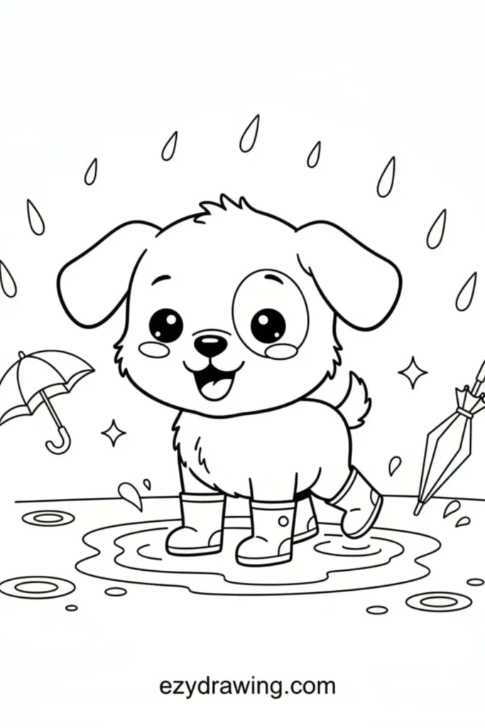 Cute puppy standing in a puddle wearing rain boots, surrounded by raindrops, umbrellas, and sparkles with a happy expression.