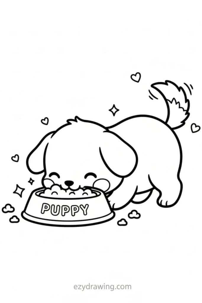 Adorable puppy happily eating from a food bowl labeled “Puppy,” with hearts and sparkles around showing its joy.
