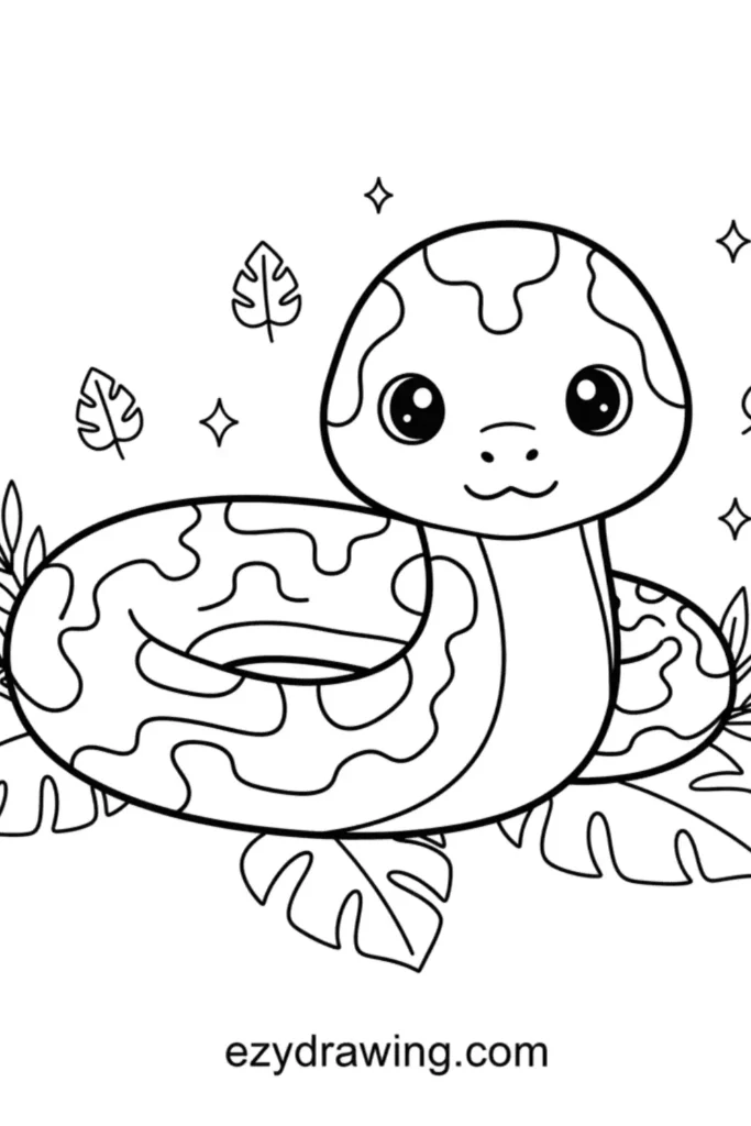 Cute patterned python coloring page, coiled on tropical leaves with sparkles and small leaf icons, ezydrawing.com