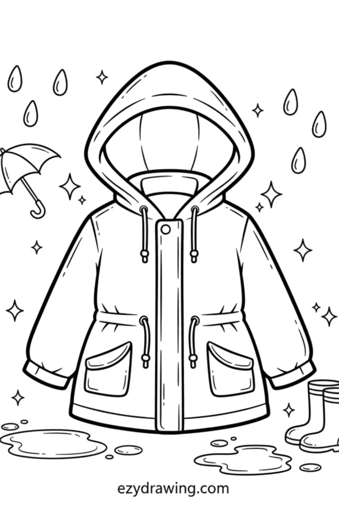 Rain jacket with hood and pockets surrounded by raindrops puddles sparkles an umbrella and rain boots drawn in a simple outline style