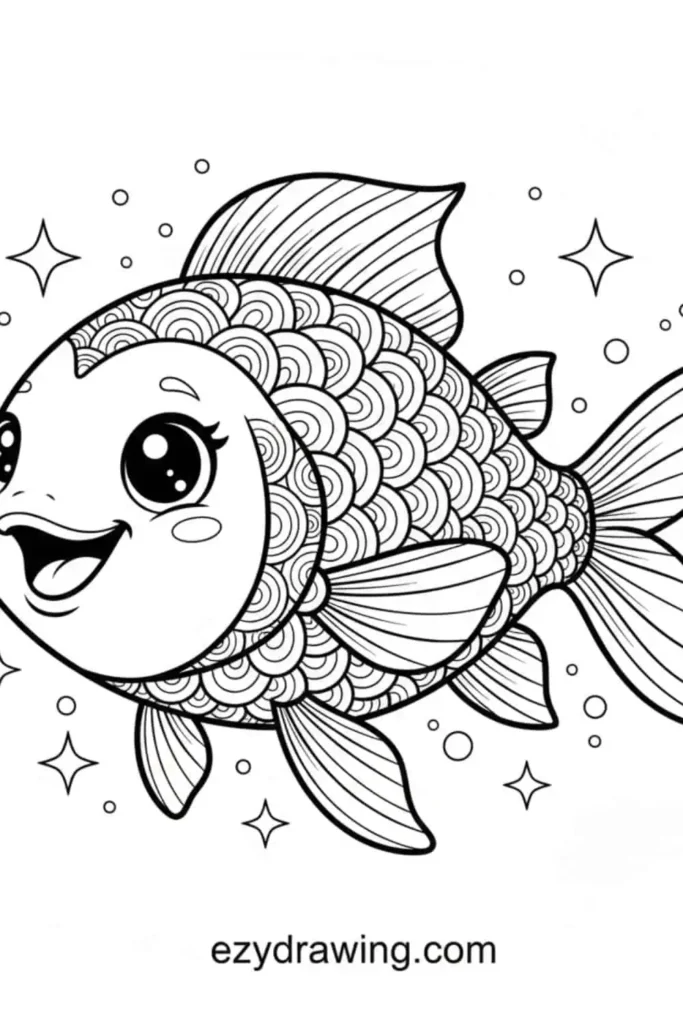 Cute happy fish with big eyes, patterned scales, flowing fins, and sparkles and bubbles around it in a fun kids drawing style