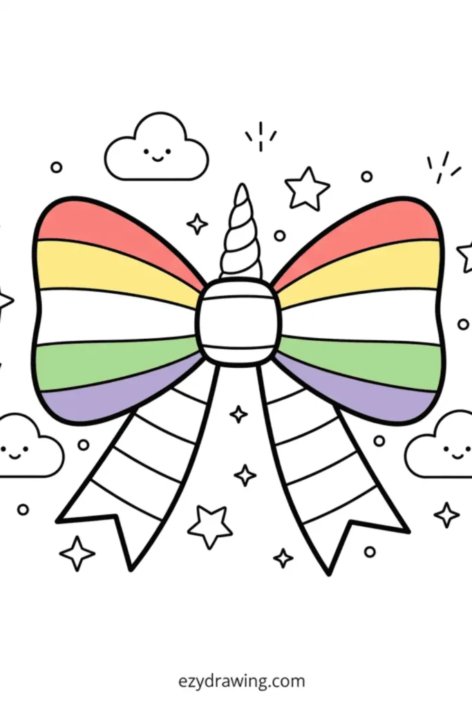 Rainbow unicorn bow with striped tails surrounded by cute smiling clouds stars and small sparkles drawn in a simple kid friendly outline style
