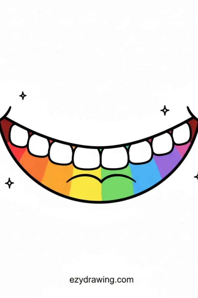 Cute rainbow colored smile drawing with bright teeth and small sparkly accents
