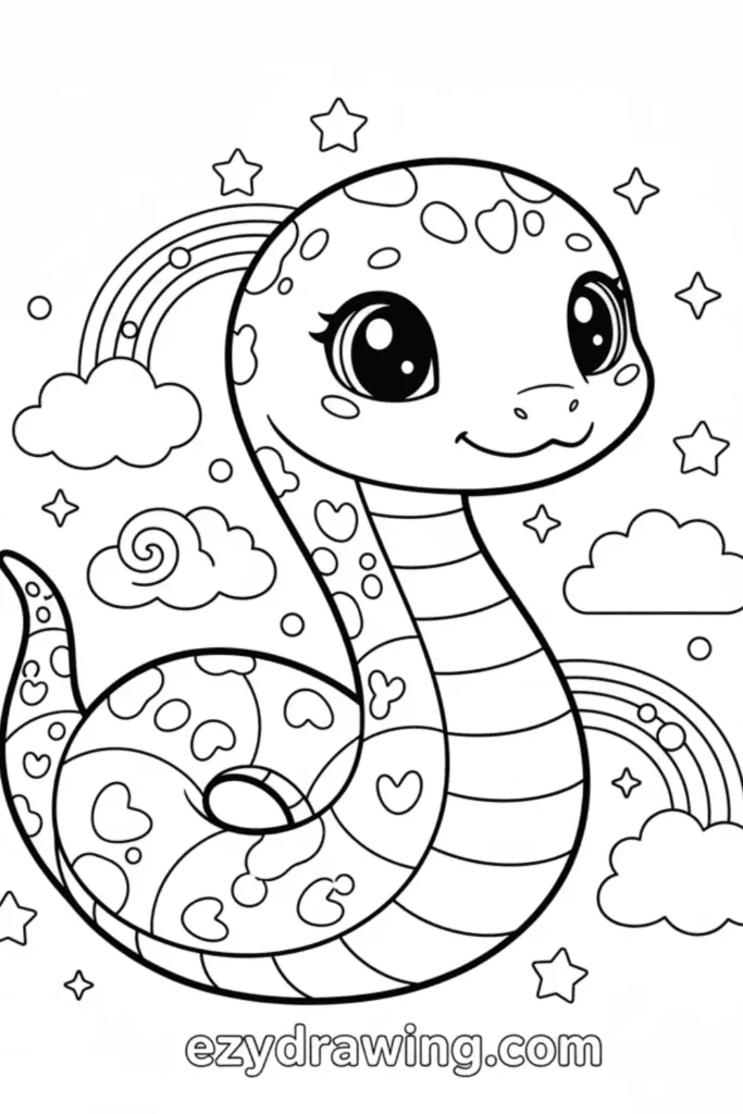 Cute fantasy snake with heart spots, clouds, stars, and rainbows, coloring page with ezydrawing.com