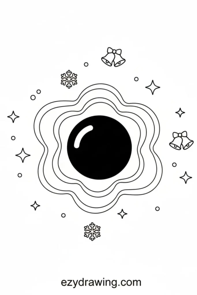 Black reindeer nose drawing with wavy outline, surrounded by stars, snowflakes, dots, and small bells