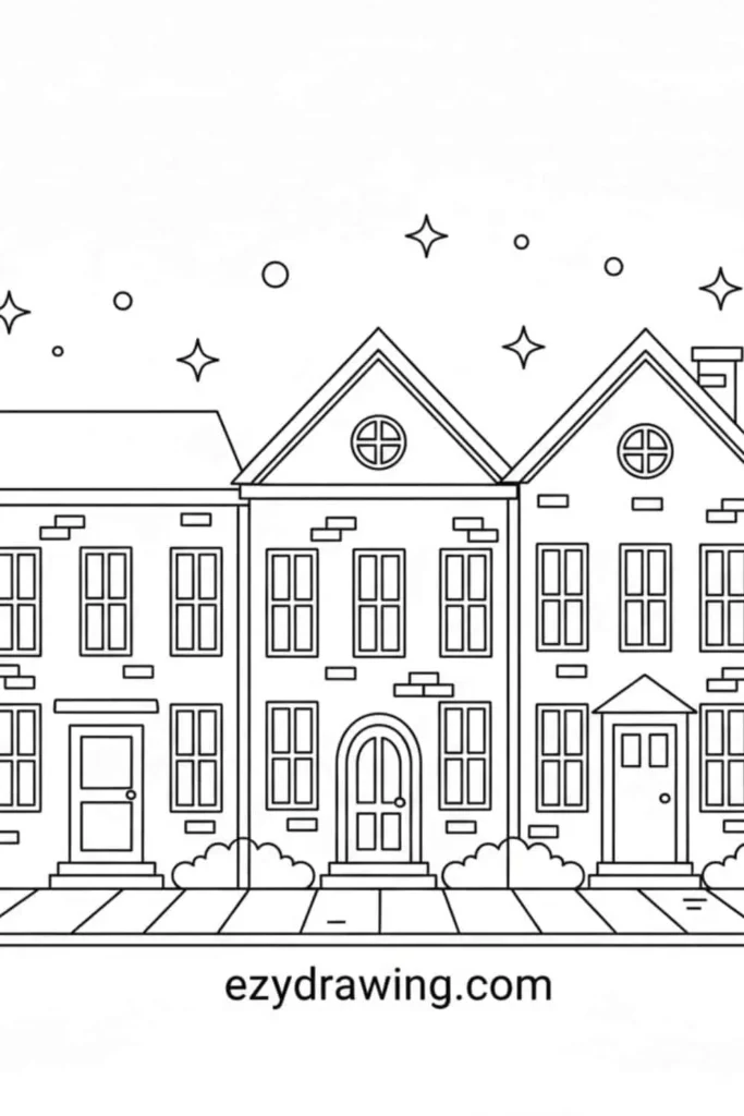 Row of cute townhouse drawings with windows, doors, brick details, bushes, and sparkles in a clean outline style