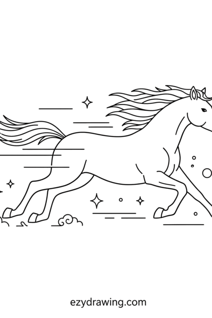 Running horse outline with flowing mane and motion lines, stars, clouds, and simple kid friendly details in ezydrawing com style