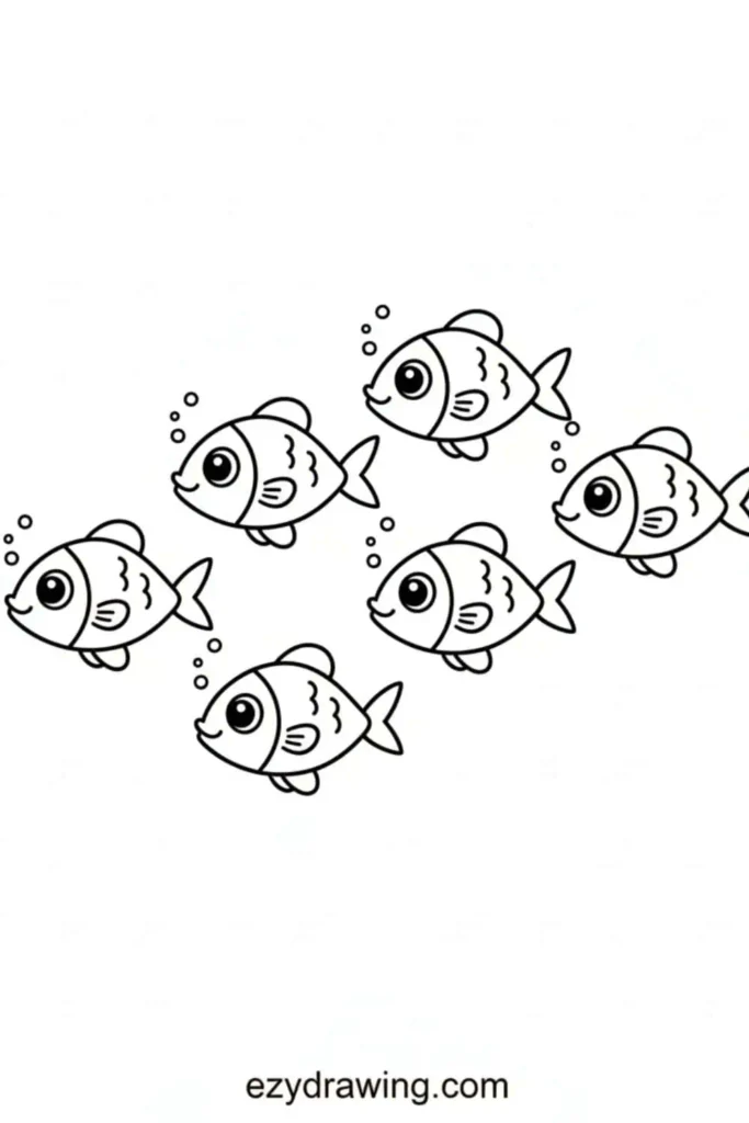 Six small cute fish swimming together in a group with bubbles around them in a simple kids drawing style.