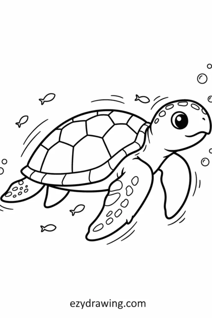 Sea turtle swimming with flippers spread, surrounded by small fish and bubbles in a simple kid friendly ezydrawing com outline style