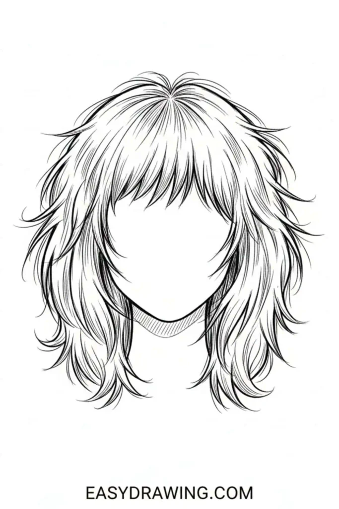 Shaggy layered hair drawing with soft textured waves and short choppy bangs in a clean beginner friendly outline