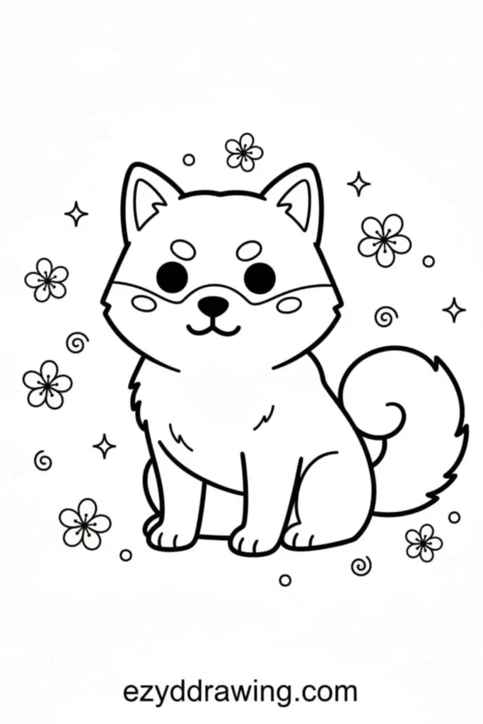Cute Shiba Inu drawing with fluffy curled tail, pointy ears, and cheerful face, surrounded by flowers and sparkles.