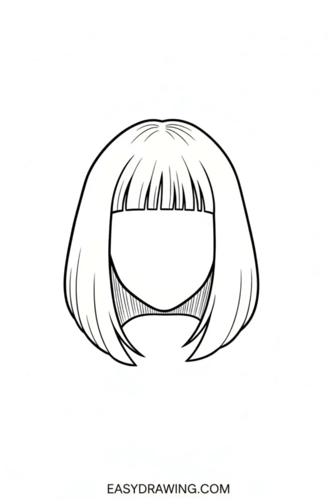 Short bob haircut drawing with straight edges and neat front bangs in a simple beginner friendly outline style