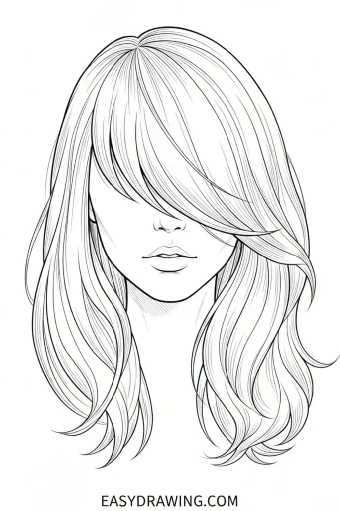 Side swept bangs hair drawing with long flowing layers and soft curved strands in a clean outline style.