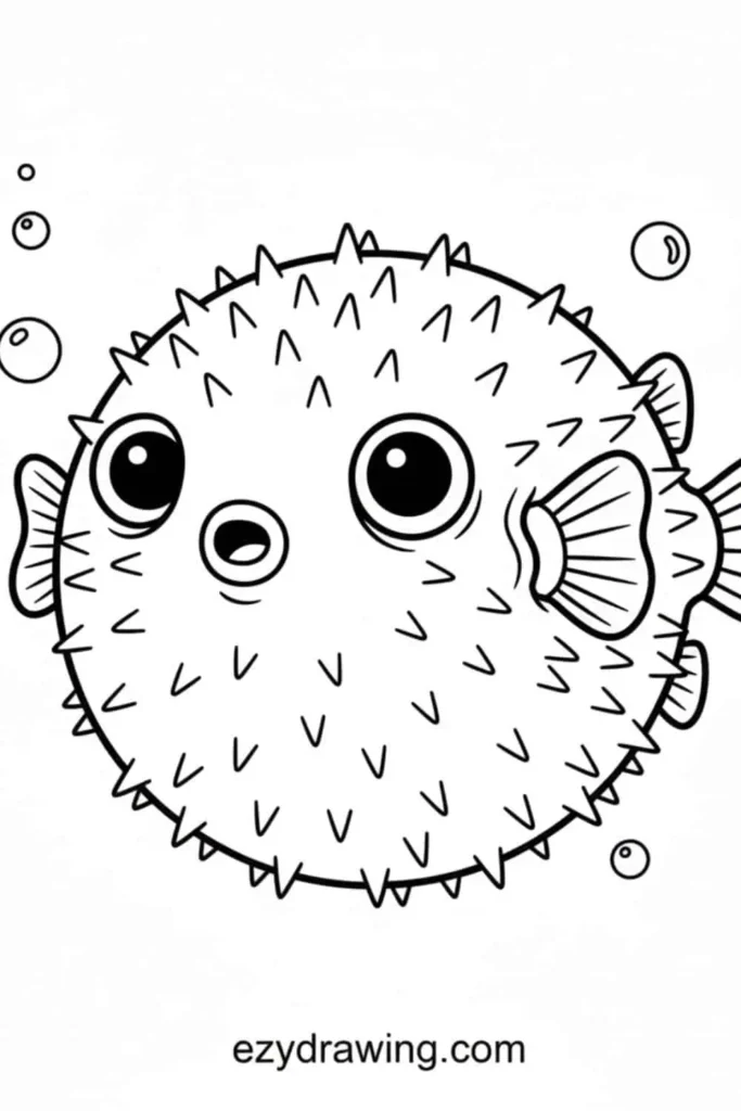 Cute round pufferfish with big eyes, tiny fins, and soft spikes all over its body with bubbles floating around it.