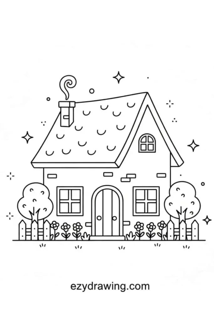 Cute cottage drawing with a slanted roof, chimney smoke, trees, flowers, and a picket fence, illustrated in a simple outline style