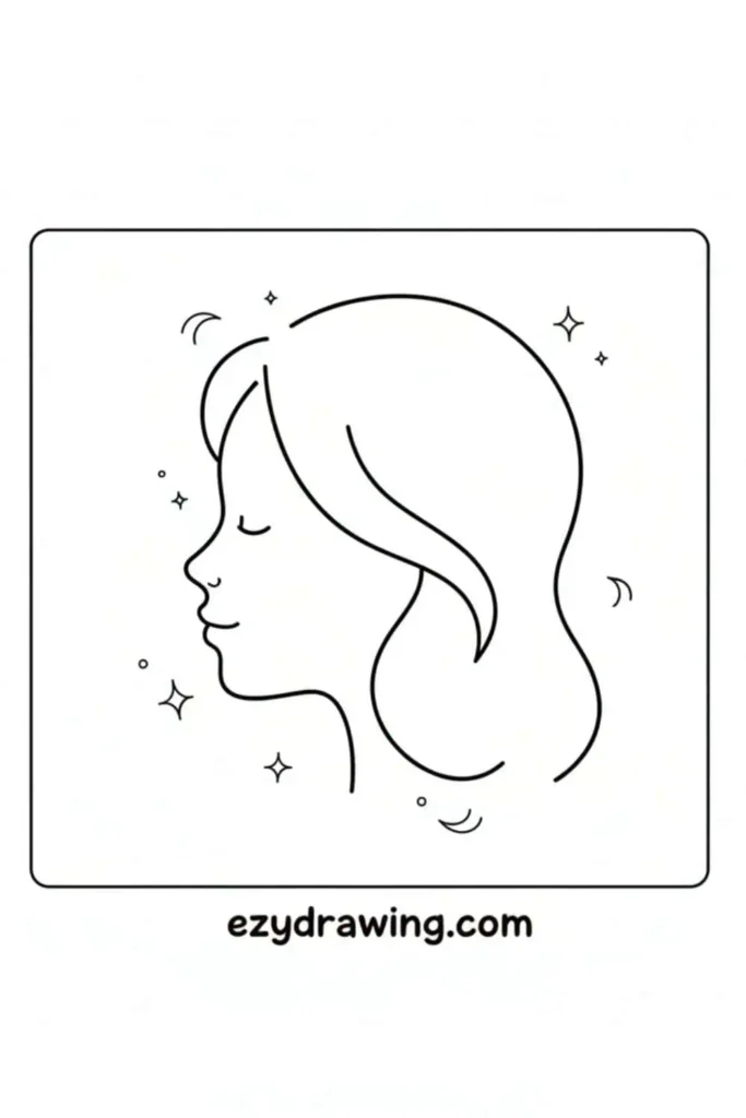Simple side profile line drawing of a girl with flowing hair, closed eyes, and small sparkles around her, labeled with ezydrawing dot com