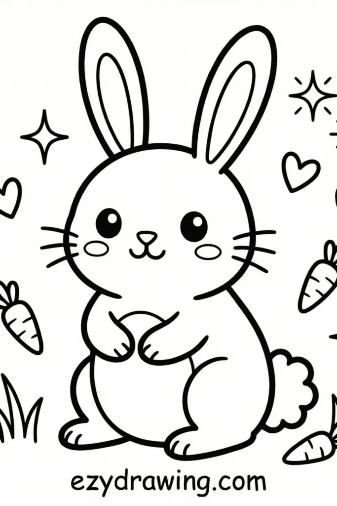 Cute cartoon bunny sitting with long ears, round cheeks, tiny paws, carrots, hearts, sparkles, simple black line art, and ezydrawing.com below