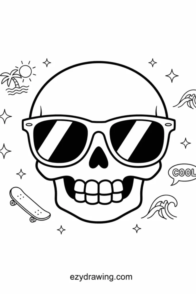 Cool skull wearing sunglasses with a big grin, surrounded by waves, stars, a skateboard, a palm tree, and a fun beach vibe