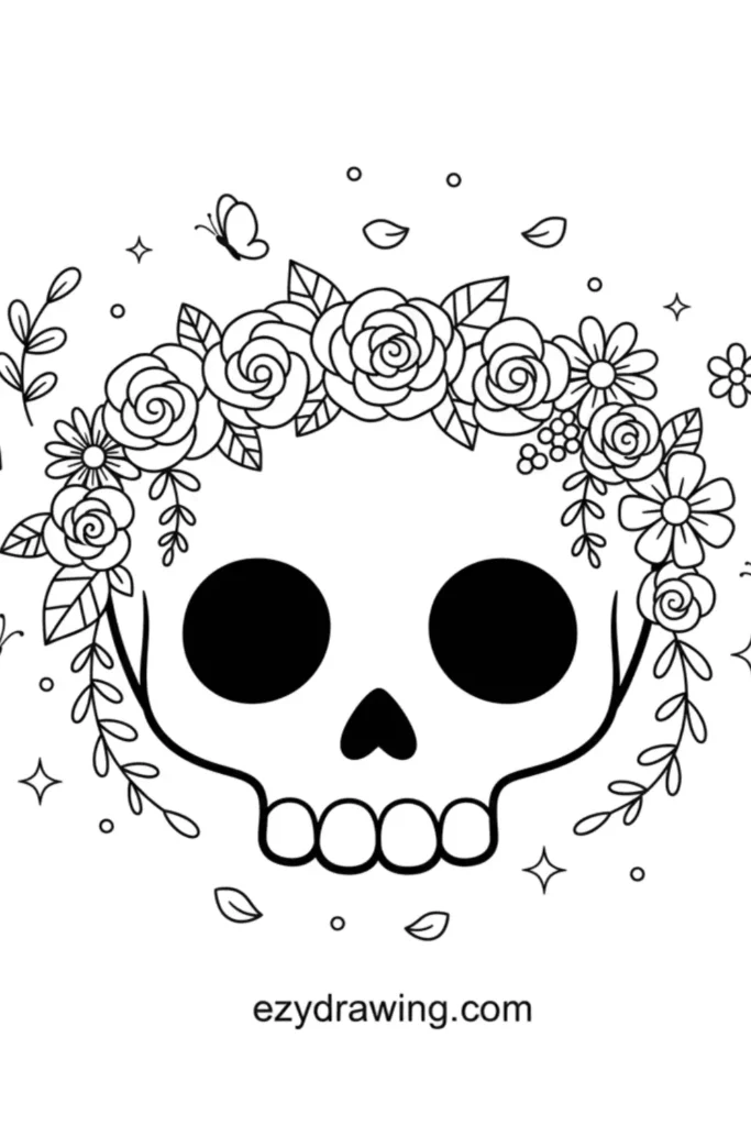 Floral skull with a detailed flower crown, round dark eyes, leaves, petals, and small decorative elements in a simple black outline style