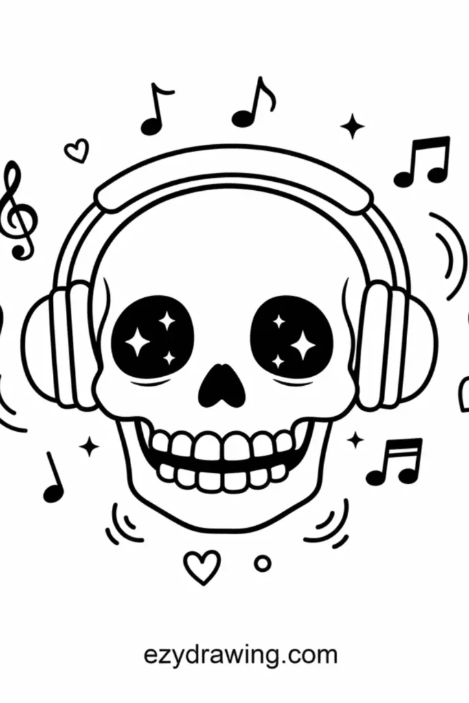 Smiling skull wearing headphones with sparkling eyes, music notes, hearts, and rhythmic lines creating a fun listening vibe in bold outlines.