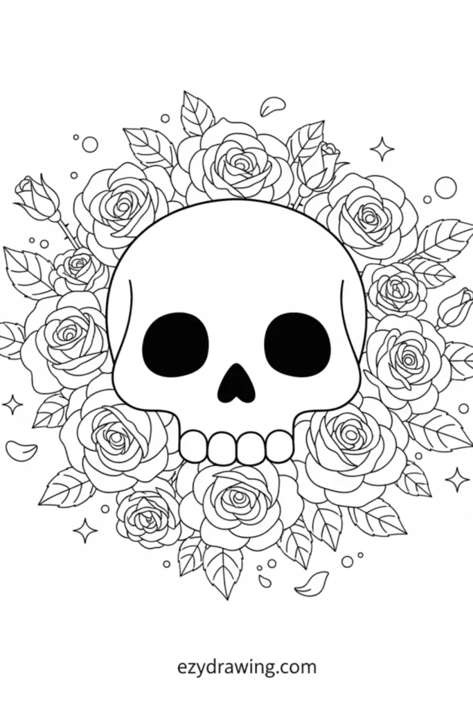 Skull surrounded by detailed blooming roses and leaves with soft outlines, petals, and small decorative elements creating a floral frame