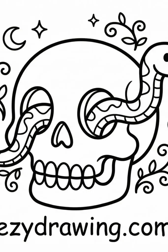 Skull with bold outlines featuring a smiling snake weaving through eye sockets, surrounded by leaves, stars, and a crescent moon