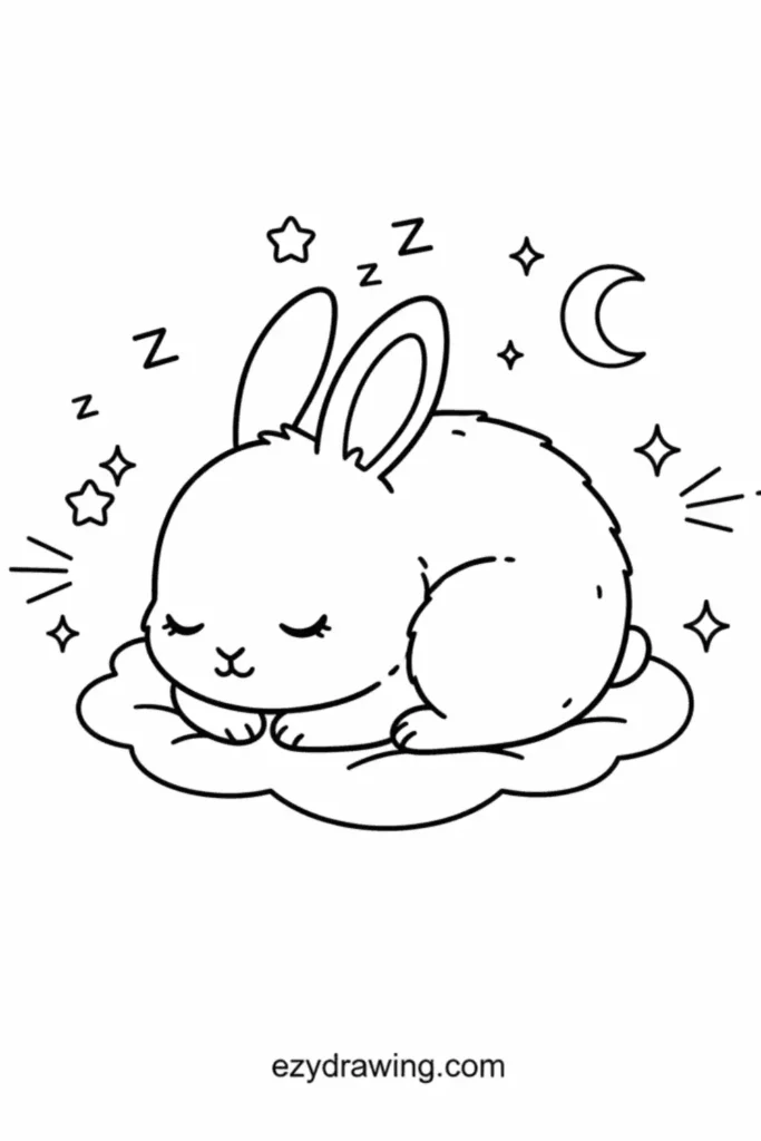 Sleeping bunny curled up on a cloud with stars, moon, and Z marks around, simple cute line art style for kids, ezydrawing.com text below