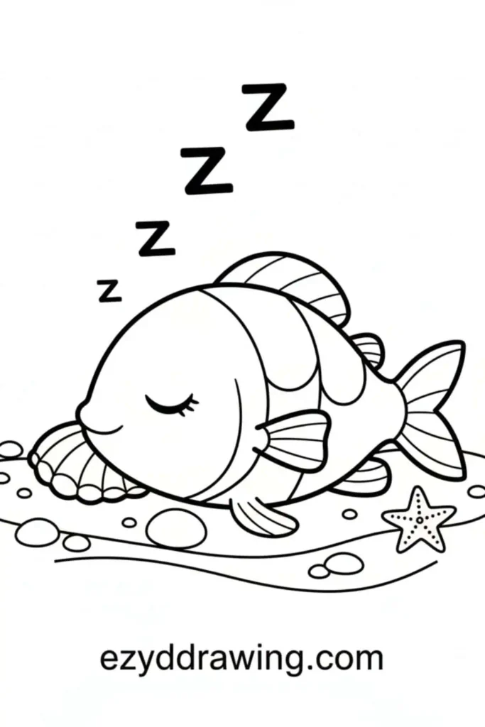 Cute sleepy fish resting on the seabed with closed eyes, Z marks above its head, shells, pebbles, and a small starfish nearby