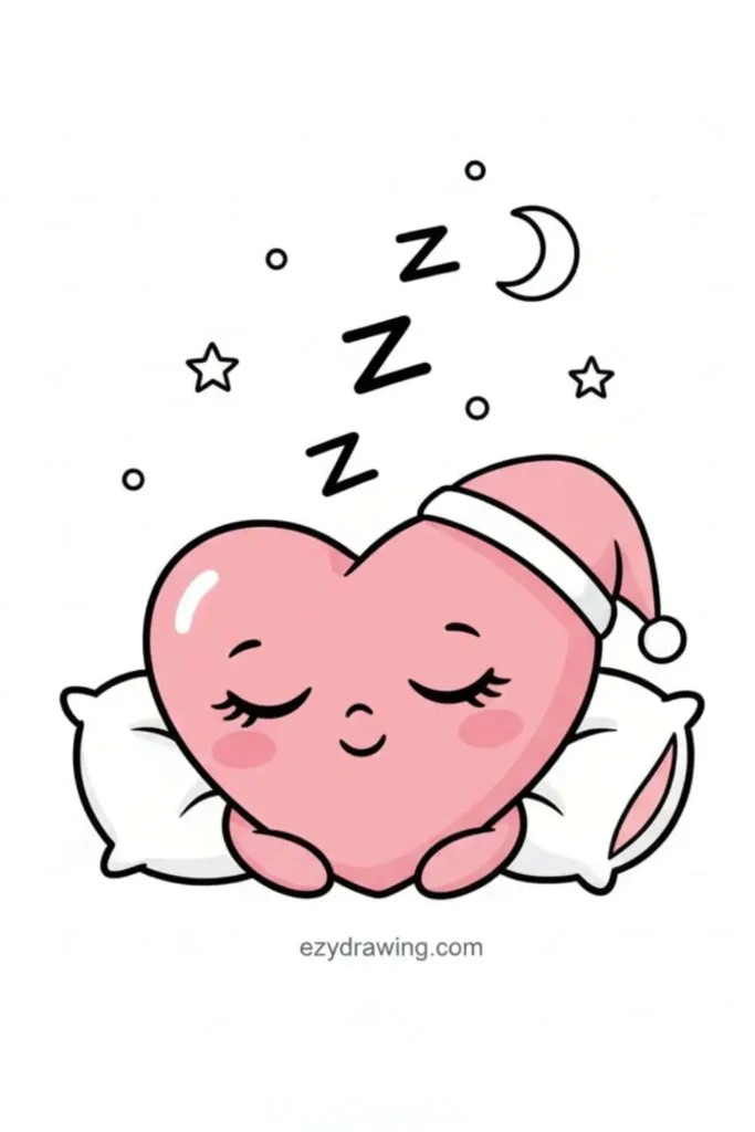 Cute pink sleeping heart with pillow and nightcap, surrounded by stars and moon, adorable bedtime heart drawing for kids and beginners tutorials