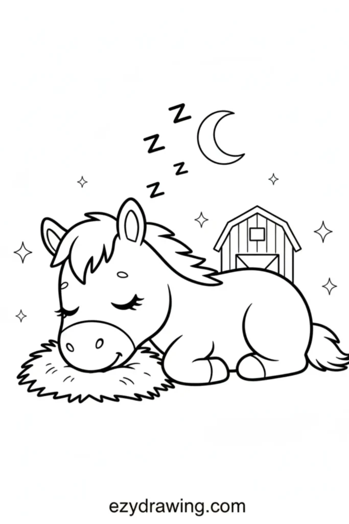 Sleeping horse lying on hay with closed eyes, moon, stars, barn, and simple kid friendly details in ezydrawing com outline style
