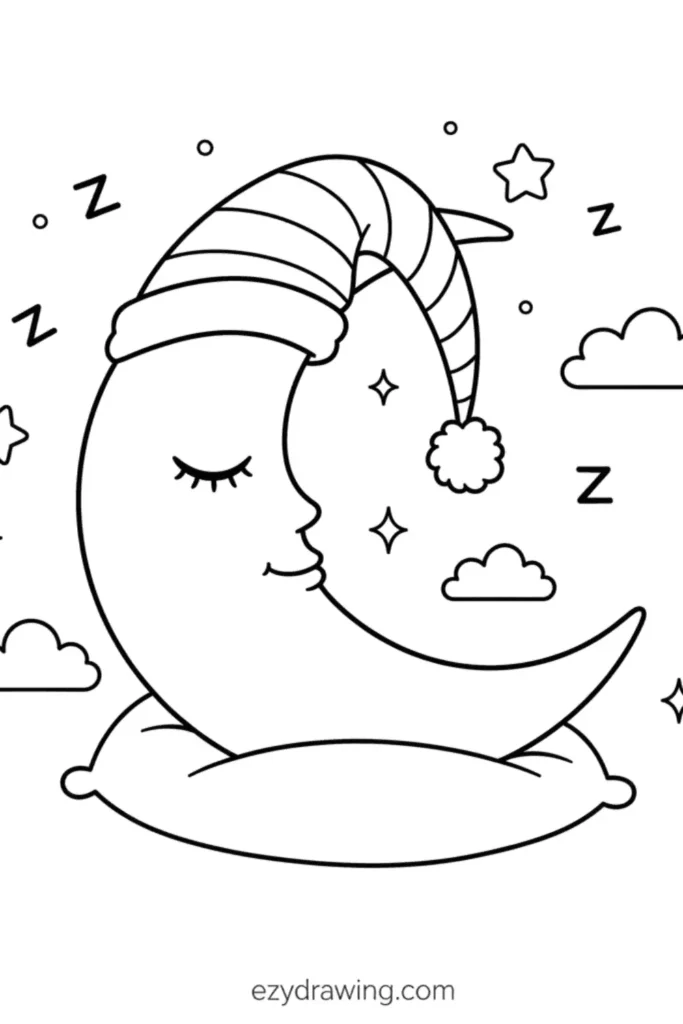Cute sleeping crescent moon wearing a striped nightcap, resting on a pillow with stars, clouds, and Z marks, simple line art, ezydrawing.com text below
