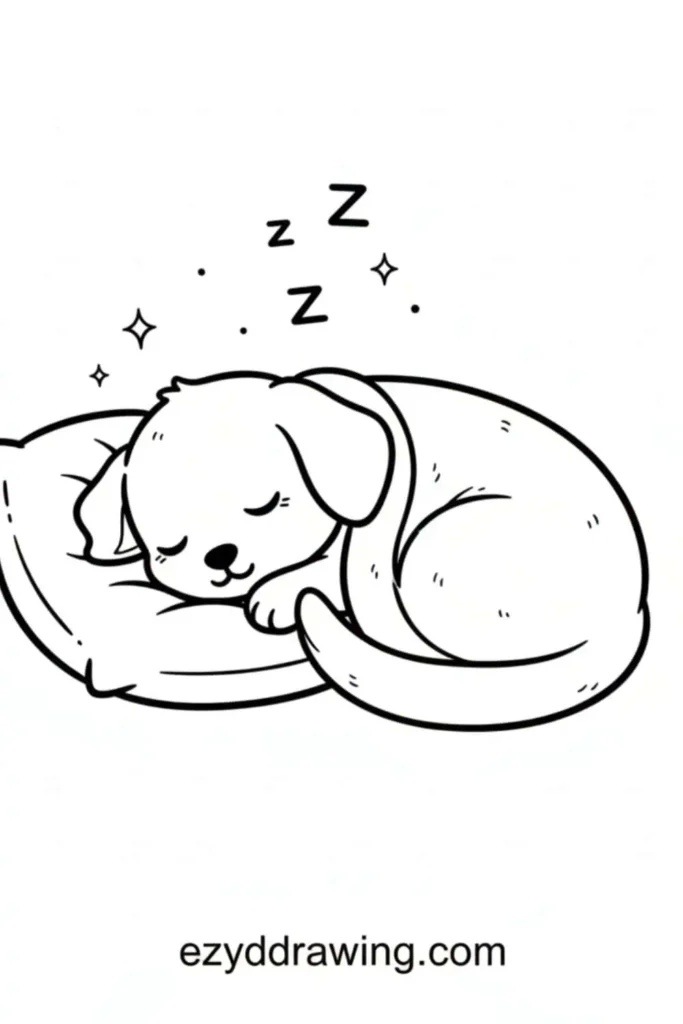 Cute sleeping puppy curled up on a pillow with a peaceful face, showing Zs above its head and tiny sparkles around.
